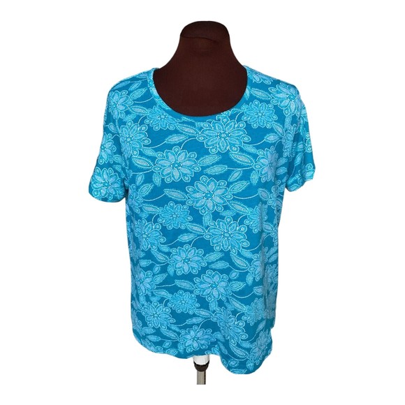 Boca Bay Womens Blue Floral Round Neck Short Sleeve Top Size Medium - Picture 1 of 9
